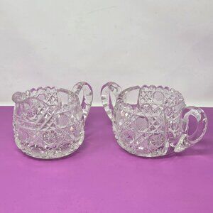 Vintage Glass Creamer Sugar‎ Bowl With Intricate Diamond Starburst Pattern